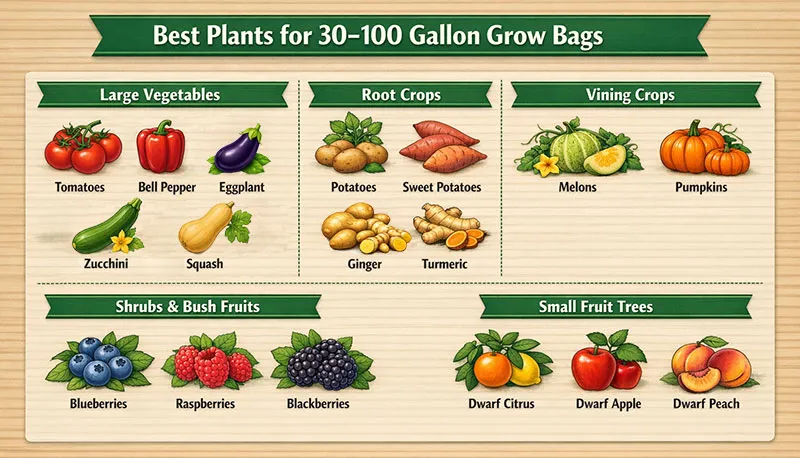 Best plants for 30–100 gallon grow bags